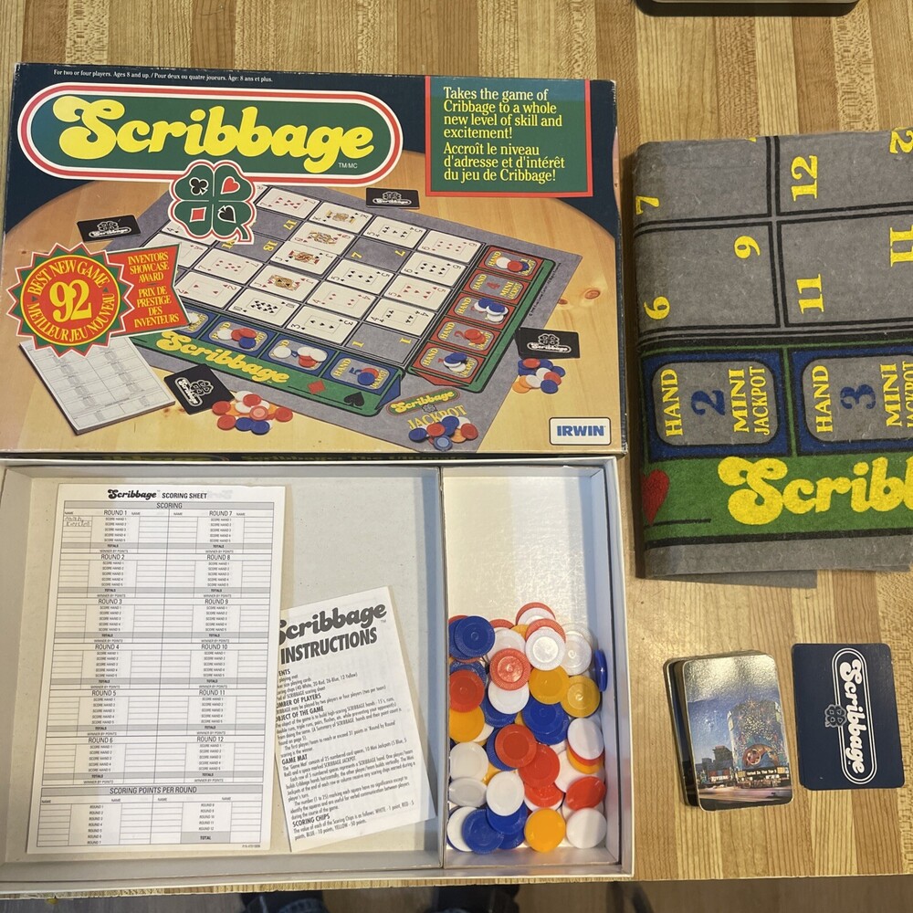 VINTAGE Scribbage Board Game Irwin Toy 1990 Cribbage Cards Chips Extra New Cards